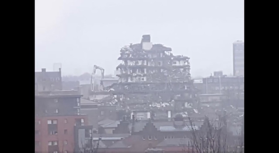 Shell: another view from the film shows the building a skeleton of its former self